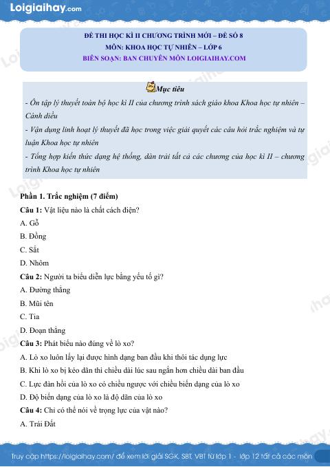 Đề thi học kì 2 KHTN 6 Cánh diều - Đề 8
